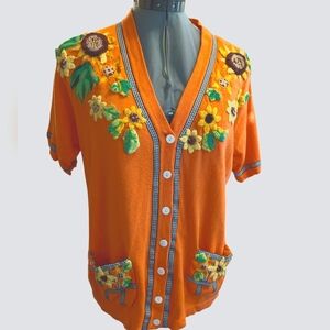 Vintage Berek‎ 2 Women's Orange Fall Short Sleeve Knit Cardigan Size Large